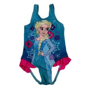 Disney Frozen ELSA Blue Ruffle One Piece Swimsuit Snowflake Toddler Girls Sz 2T